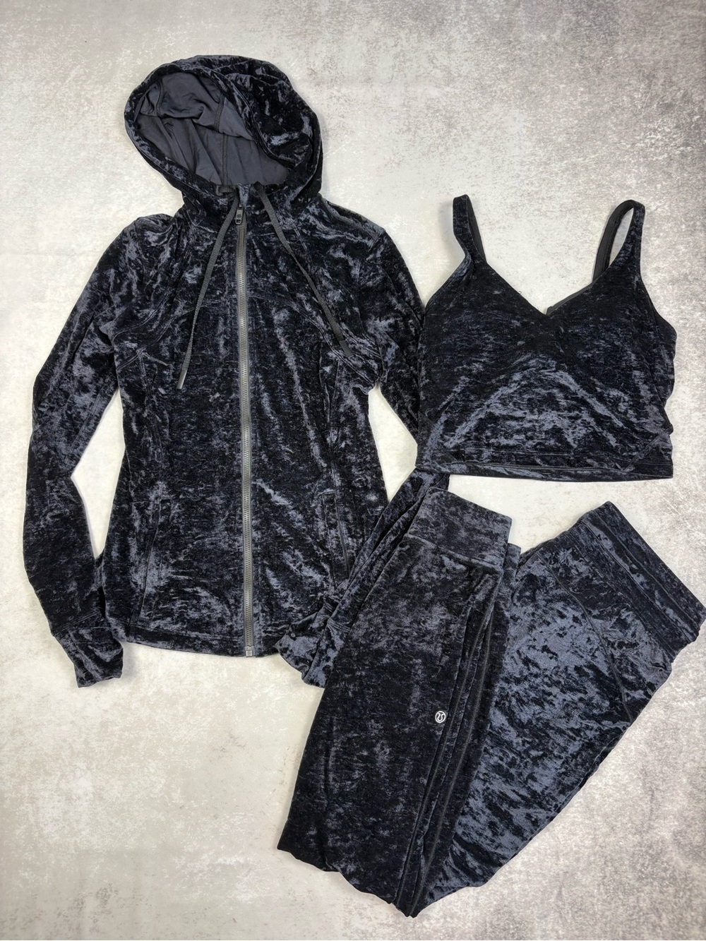 Lululemon Black Crushed Velvet Velour Three Piece Set